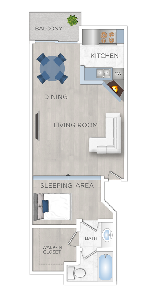 Floor plan for studio, 1 bath, 581 sqft